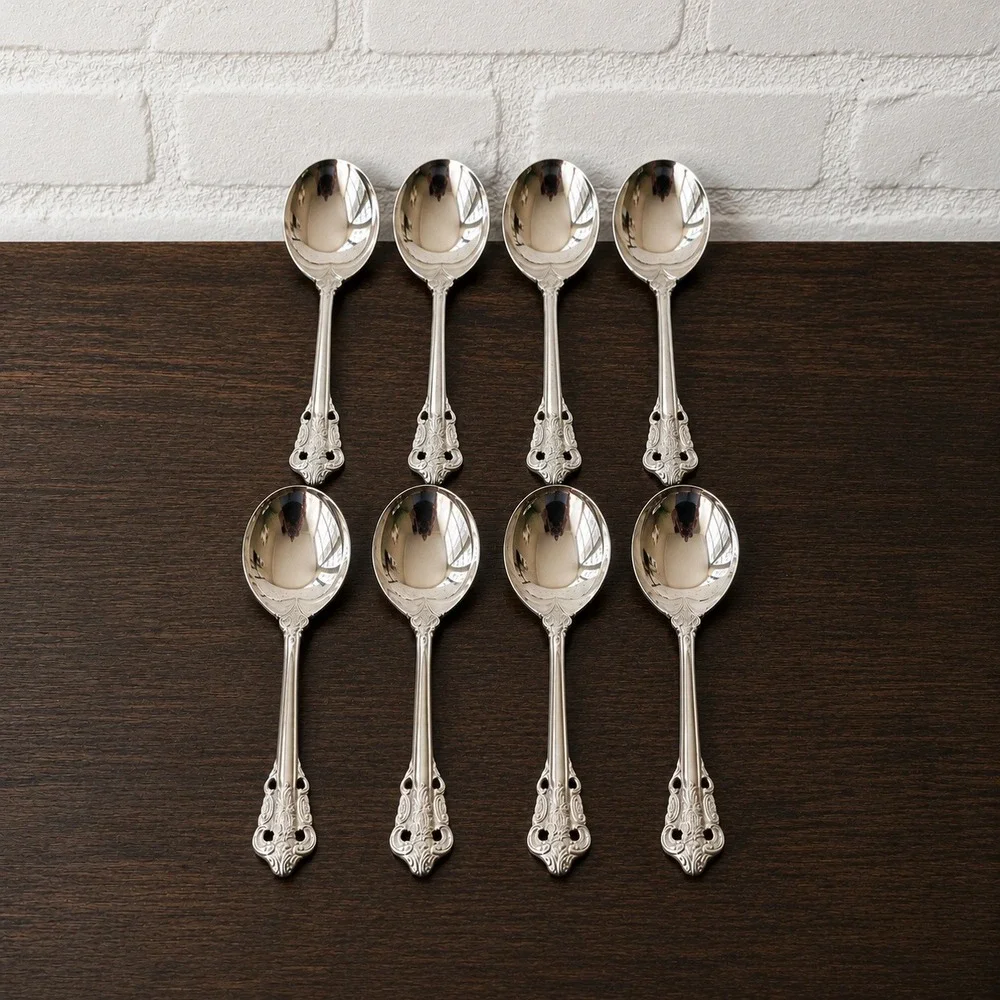 Baroque Scroll Teaspoon Set of 8 Ornate Pierced Handle Silverware Keawell 18/10